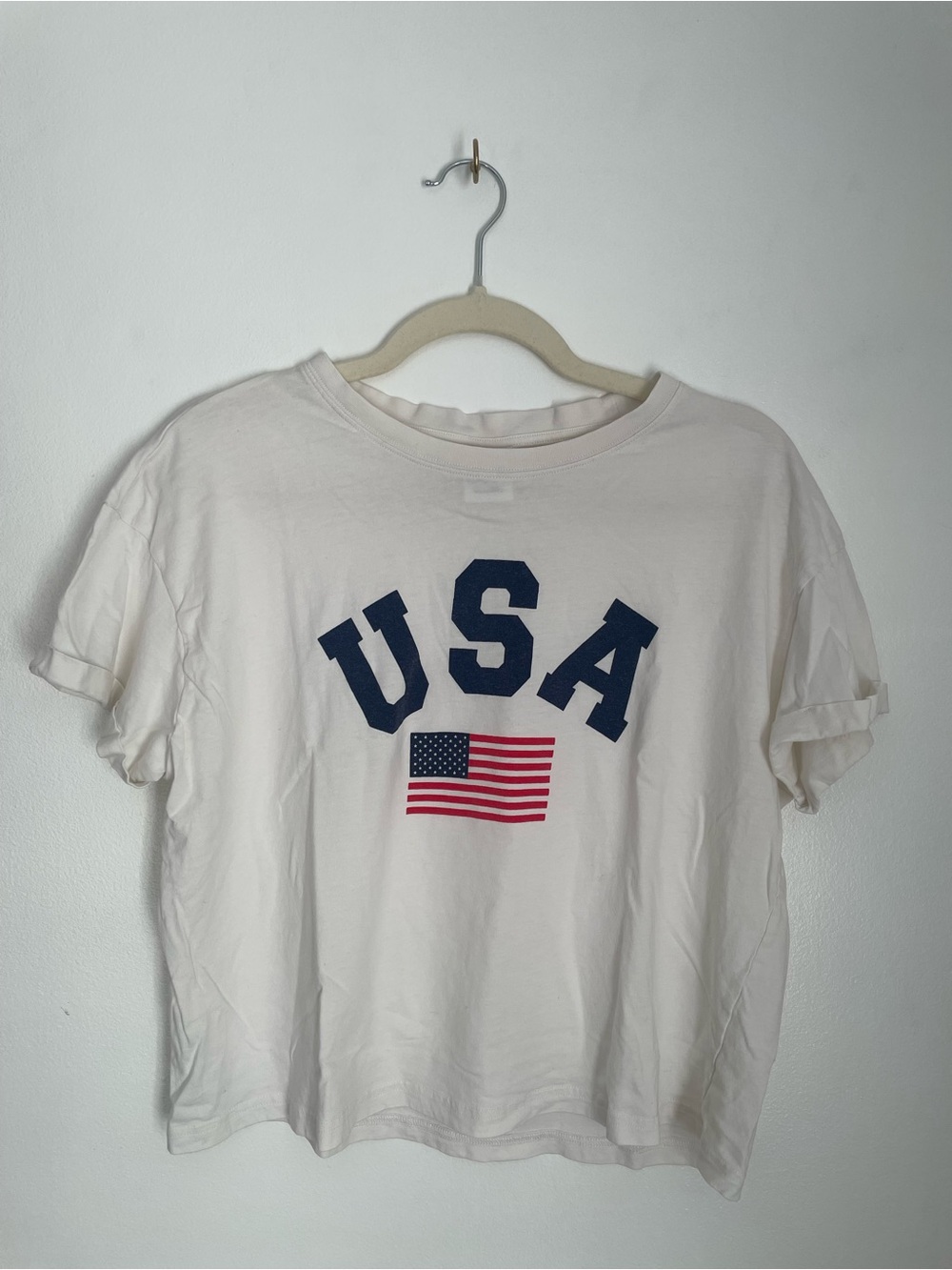 USA American flag cotton graphic tee cropped with rolled sleeves size medium